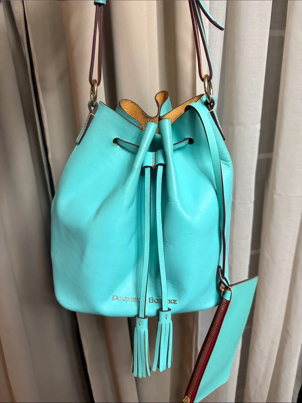 Dooney & Bourke Turquoise Leather Drawstring Bucket Bag with Pouch